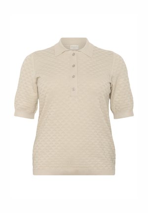 Beige gestricktes Poloshirt mit kurzen Ärmeln, das ein strukturiertes Rautenmuster, einen klassischen Kragen und drei vordere Knöpfe aufweist.