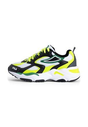 Sneakers con parte superiore in rete bianca e accenti neri, verdi e giallo neon. Suola bianca spessa, punta rotonda e lacci a contrasto.