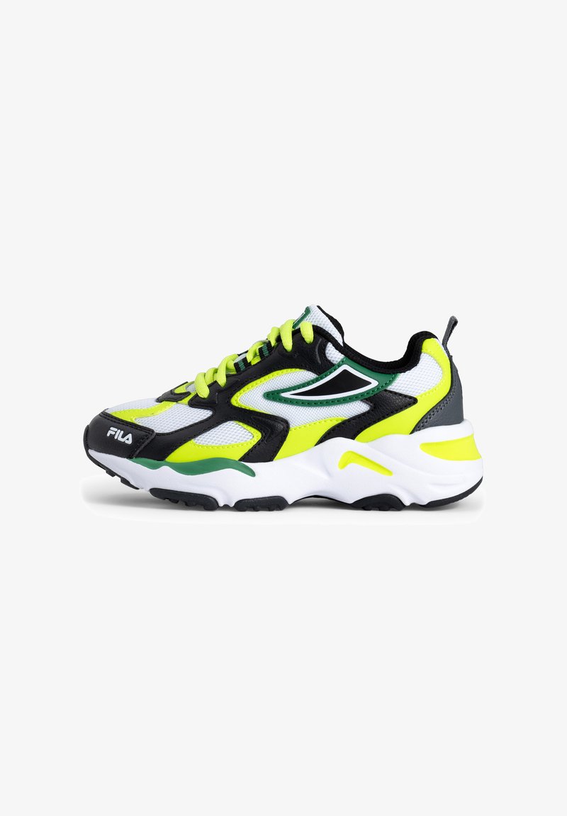 Sneakers med ett vitt meshovansidan som har svarta, gröna och neon gula accenter. Tjock vit sula, rund tå och kontrasterande skosnören.