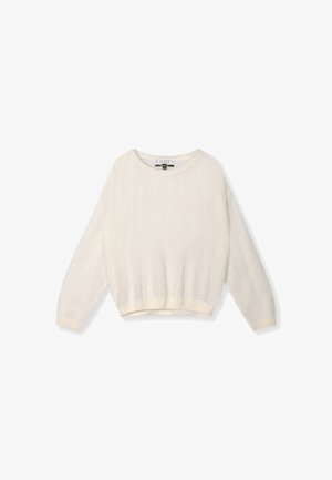 Light cream-colored knit sweater, round neckline, long sleeves, ribbed hem, and textured finish, made from soft, lightweight material.