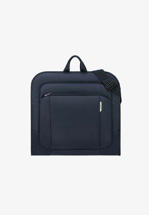 Navy blue laptop bag with a padded surface, handle, adjustable shoulder strap, front zip pocket, and a textured finish.