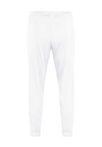 Witte sportieve joggers van gladde stof, met een elastische tailleband met een subtiel logo en taps toelopende boorden bij de enkels.