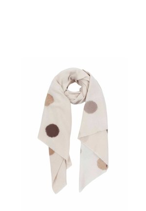 Helles beiges Tuch aus weichem Stoff mit verstreuten runden Mustern in dunkelorange, hellbraun und beige.