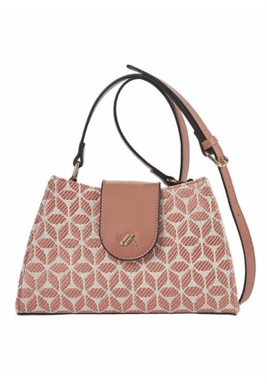 Small handbag with patterned pink and white fabric, leather flap closure with gold logo, and adjustable pink leather shoulder strap.