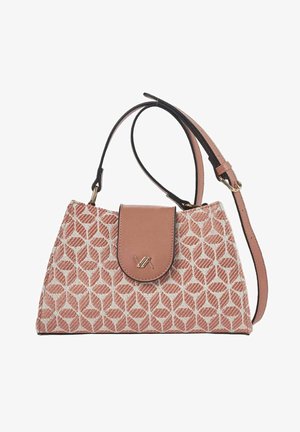 Small handbag with patterned pink and white fabric, leather flap closure with gold logo, and adjustable pink leather shoulder strap.