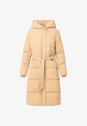 Helle beigefarbene Daunenjacke mit Kapuze, ausgestattet mit einem taillierten Gürtel, Druckknöpfen, gestepptem Design und langen Ärmeln.