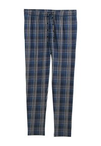 Marineblaue Karohosen mit weicher Textur, ausgestattet mit einem elastischen Bund und einem verstellbaren Kordelzug sowie einem cream- und blau karierten Muster.