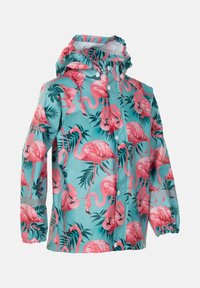 Vandtæt jakke med en teal base samt mønstre af pink flamingoer og grønne palmeblade, elastiske manchetter og en hætte med snoretræk.