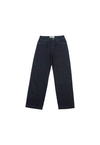 Dark denim wide-leg jeans with green stitching and large logo designs on the front. Features a button and zip fly, belt loops, and pockets.
