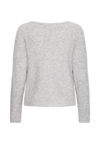 Maglione grigio a maglia con maniche lunghe, caratterizzato da dettagli con perle sulle maniche. Tessuto morbido, scollatura rotonda e vestibilità ampia e rilassata.