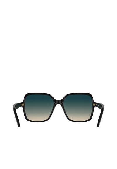 Lunettes de soleil rectangulaires noires avec des verres dégradés bleu sarcelle. Monture audacieuse avec des bords épais et une finition lisse et brillante. Détails en métal doré sur les branches.