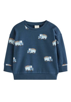 Blå sweatshirt i bomull med långa ärmar och rund halsringning, prydd med ett mönster av ljusblåa lastbilar med bruna lass.