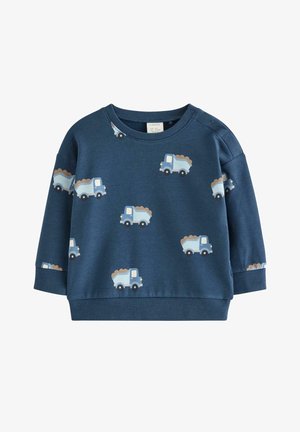 Sininen puuvillapaita, jossa on pitkät hihat ja pyöreä pääntie, ja jossa on vaaleansinisistä kuorma-autoista, joissa on ruskeita kuormia, koostuva malli.