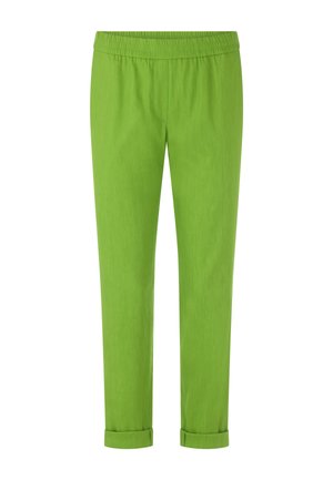 Bright green pants with elastic waistband and rolled-up cuffs, slim fit, no visible pockets or fasteners.