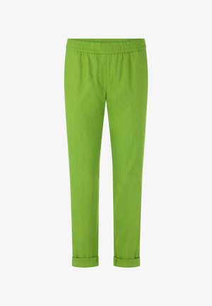 Bright green pants with elastic waistband and rolled-up cuffs, slim fit, no visible pockets or fasteners.