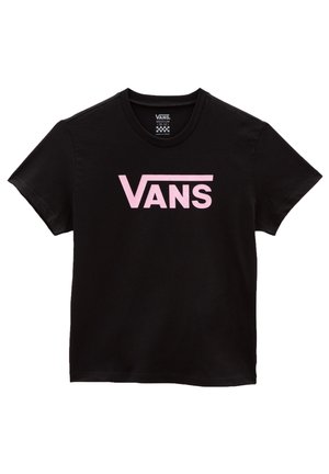 Schwarzes Baumwoll-T-Shirt mit kurzen Ärmeln, mit einem großen pinkfarbenen "VANS"-Logo in fetten Blockbuchstaben auf der Vorderseite.