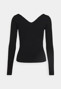 Top lungo nero a maniche lunghe con scollatura a V profonda, texture a coste, silhouette aderente e un design minimal senza hardware o abbellimenti visibili.