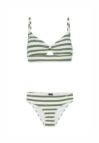 Pruhované bikiny v zelenej, bielej a fialovej farbe; obsahuje bandeau top s predným výrezom a nastaviteľnými ramienkami, zodpovedajúce nízko sediace nohavičky.