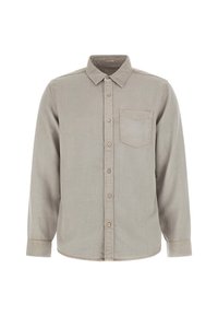 Camisa de manga larga button-up de color gris claro con cuello, bolsillo en el pecho y cierre de botones. Textura suave y corte ajustado.