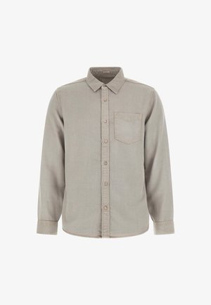 Jasnoszara, długorękawowa koszula zapinana na guziki z kołnierzykiem, kieszenią na piersi i zapięciem na guziki. Gładka tekstura i dopasowany krój.
