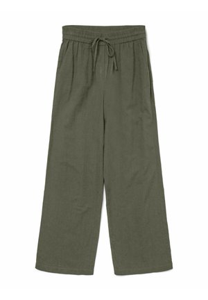 Pantalones de pierna ancha en verde oliva, confeccionados en un tejido ligero y texturizado, con cintura ajustable mediante cordón. Presentan un corte holgado y dos bolsillos laterales.