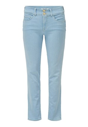 Jeans de mezclilla azul claro con un diseño de pierna recta, dos bolsillos frontales y una cremallera con dos cierres de botón. Textura suave, con un detalle mínimo.