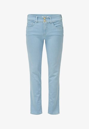 Jeans de mezclilla azul claro con un diseño de pierna recta, dos bolsillos frontales y una cremallera con dos cierres de botón. Textura suave, con un detalle mínimo.