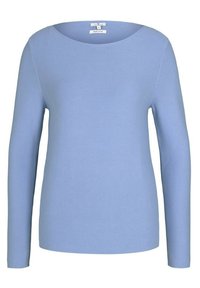 Pull long à manches longues bleu clair avec un col rond, texture côtelée et coupe droite. Fabriqué en coton doux.