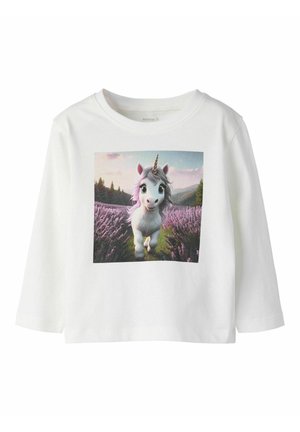 White long-sleeve shirt featuring a colorful unicorn graphic in front of lavender fields, with a flat-knit crew neckline and soft fabric.