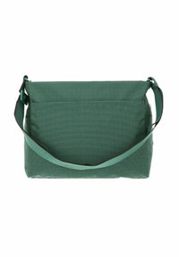Sac vert texturé de forme plate, avec une sangle ajustable et une poche arrière. Présente des coutures contrastantes le long des bords.