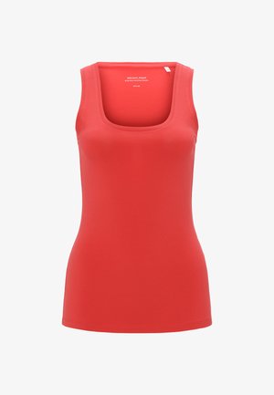 Rotes Tanktop aus einem weichen, dehnbaren Stoff. Verfügt über einen breiten, quadratischen Ausschnitt und ein eng anliegendes Design mit glatter Textur. Keine sichtbaren Muster.