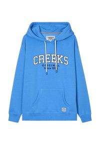 Sudadera azul de mezcla de algodón con un bolsillo tipo canguro en el frente, cordones blancos y un logo "CREEKS ORIGINAL" impreso en el pecho.