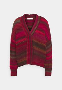 Stickad cardigan med djup V-ringning, prydd med en blandning av rosa, röd och brun horisontella ränder. Ribbad mudd och nederkant med en cropped siluett.