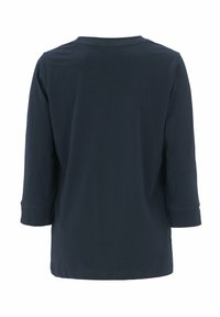 Dunkelblaues langärmliges T-Shirt mit rundem Ausschnitt und Dreiviertelärmeln, aus weichem Baumwollmaterial gefertigt, mit einem schlichten Design ohne Muster.