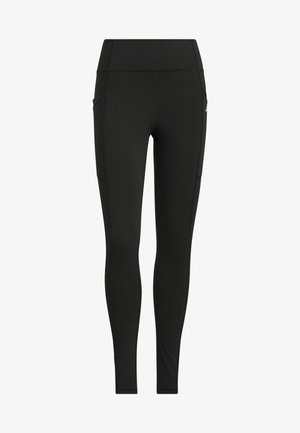 Leggings neri realizzati in un tessuto elasticizzato, dotati di una vita alta, tasche laterali e cuciture piatte per comfort e durata.