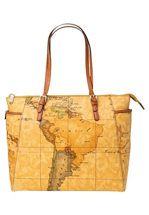 Borsa tote in pelle marrone con un design di mappa vintage in toni caldi, con contorni geografici dettagliati e due spallacci.