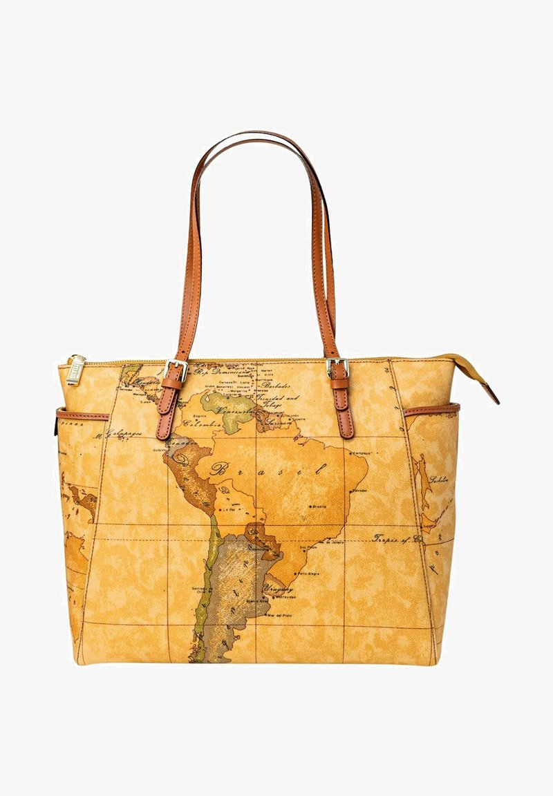 Borsa tote in pelle marrone con un design di mappa vintage in toni caldi, con contorni geografici dettagliati e due spallacci.