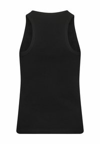 Black, sleeveless tank top made of ribbed fabric. Features a rounded neckline and clean, finished edges. No visible logos or patterns.