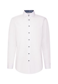 Witte lange mouwen dress shirt met zwarte knopen en een blauwe gestreepte binnenkraag, weergegeven op een effen witte achtergrond.