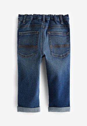 Džíny z denimu tmavě modré barvy, elastický pas, ohrnuté nohavice a dvě zadní kapsy s oranžovými stehy.