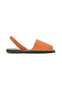 Orange suede slingback sandals with a minimalist design, featuring a wide toe strap and a textured black rubber sole.