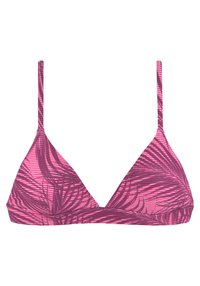 Roze triangle bikini top met een palmbladerenpatroon, voorzien van dunne bandjes en een soepele, rekbare stof. Geen hardware of accenten.