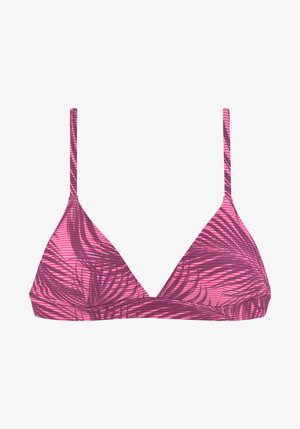 Top bikini rosa a triangolo con un motivo di foglie di palma, caratterizzato da spalline sottili e un tessuto liscio e elasticizzato. Senza accessori o dettagli metallici.