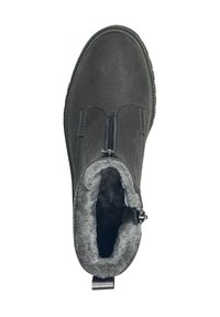 Bottines grises avec un matériau extérieur lisse, fermeture à glissière, doublure intérieure douce et semelle en caoutchouc texturée pour une meilleure adhérence.