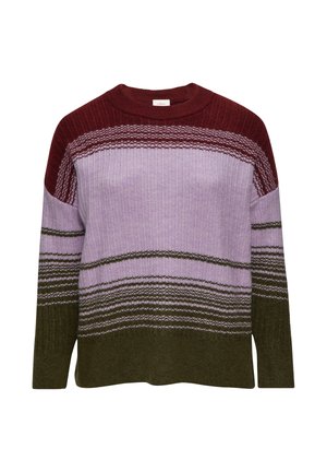 Gebreide trui in bordeauxrood, lavendel en olijfgroen. Heeft gestreepte patronen en een ribbelboord ronde halslijn met lange mouwen.