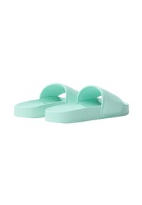 Mint green slide sandals with a textured strap, flat sole, and logo detail embossed on the footbed. Made of durable synthetic material.