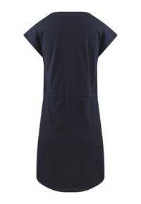 Navyblauw katoen jurk met een ronde halslijn, korte kapmouwen, elastische taille en een gebogen zoom, met een gladde textuur.