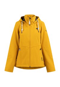 Geel waterdichte jas met capuchon, rits aan de voorkant, twee zijzakken en verstelbare koordjes. Gladde textuur met een getailleerde snit.