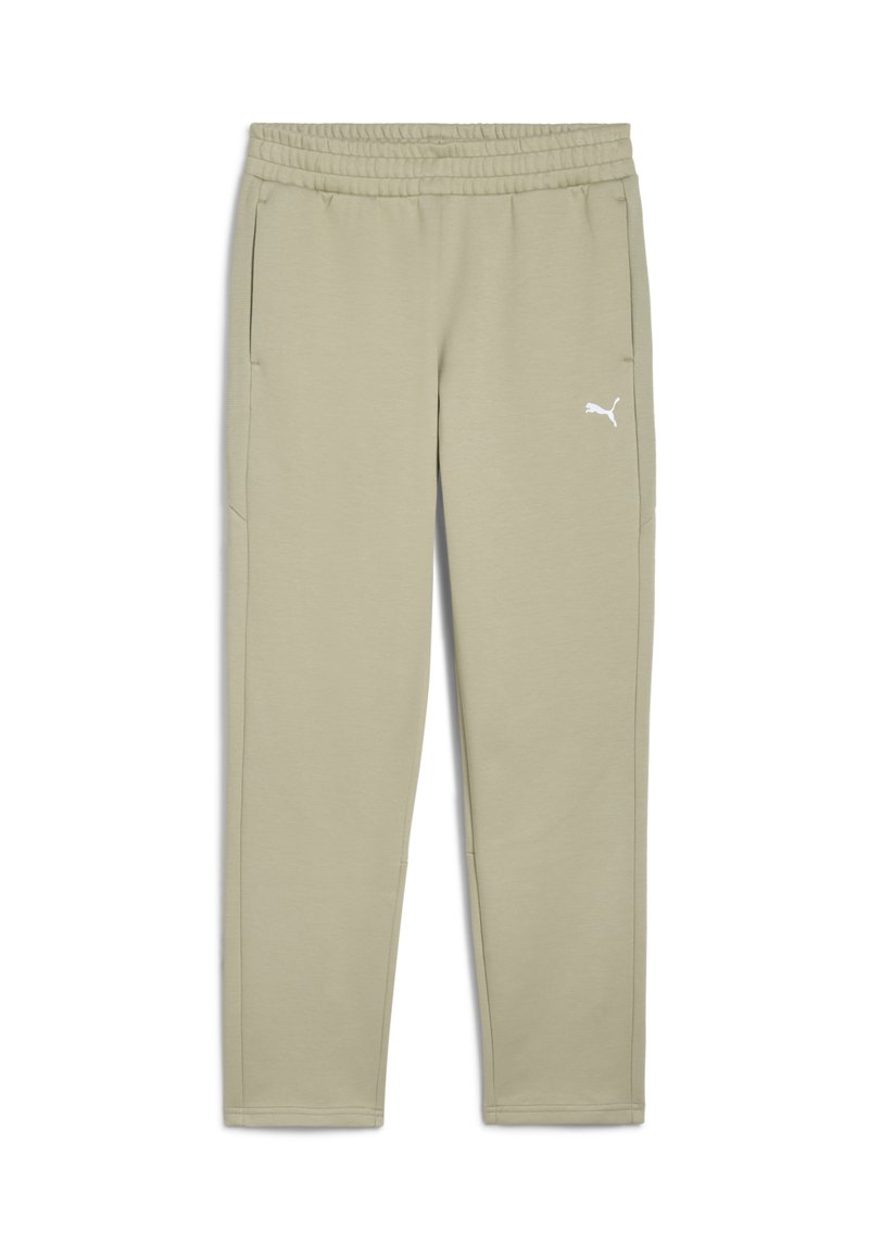 Pantalones de chándal Puma en verde oliva claro, con un tejido suave, diseño ajustado, cintura elástica y bolsillos laterales. Detalle del logo en blanco.