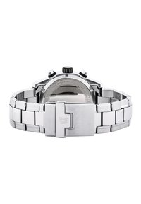 Orologio cronografo in acciaio inossidabile con bracciale lucido, pulsanti testurizzati e una corona prominente, con fondo cassa resistente all'acqua.